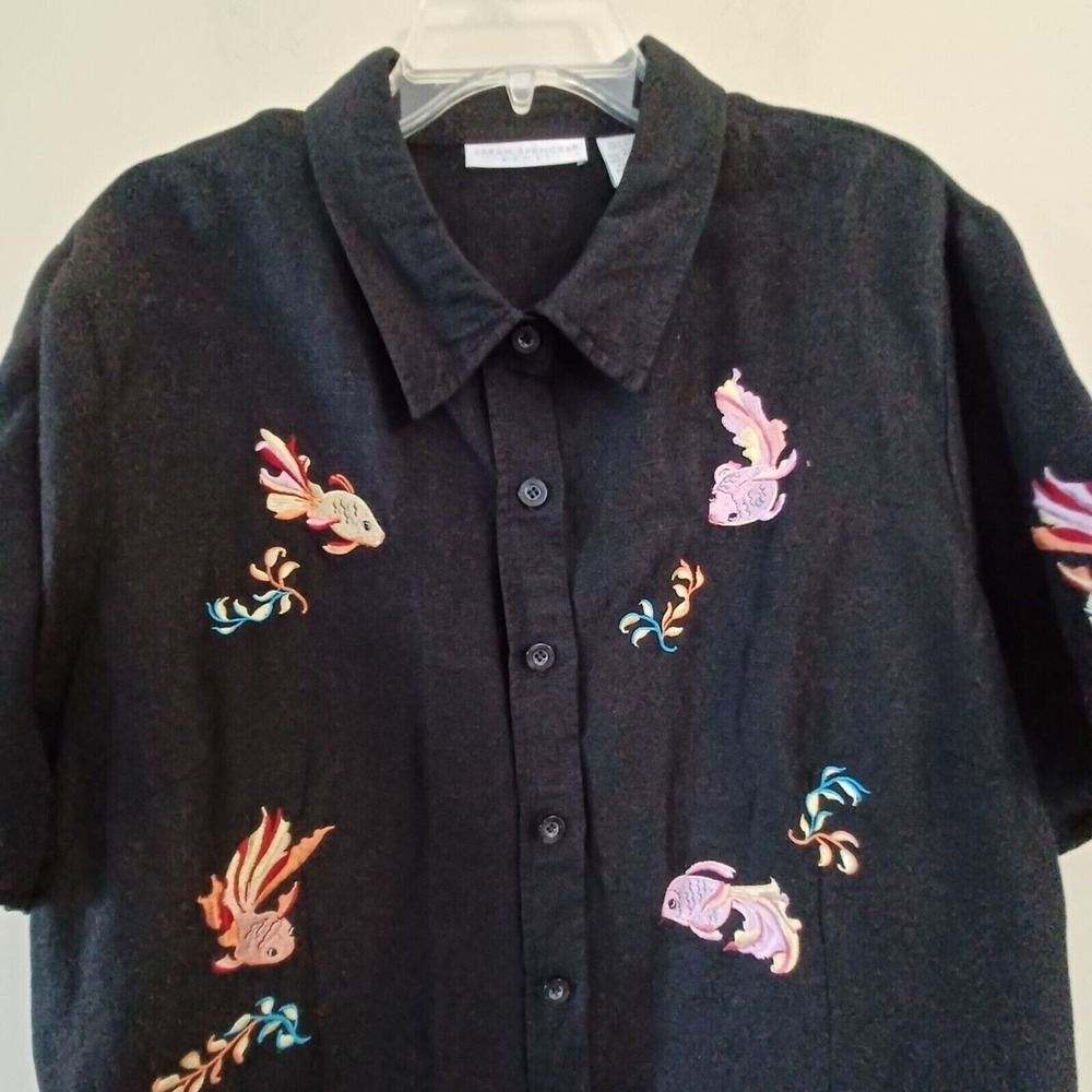 Sarah Spencer‎ Top Artsy 20W Embroidered Koi Fish Colorful Black Travel Casual